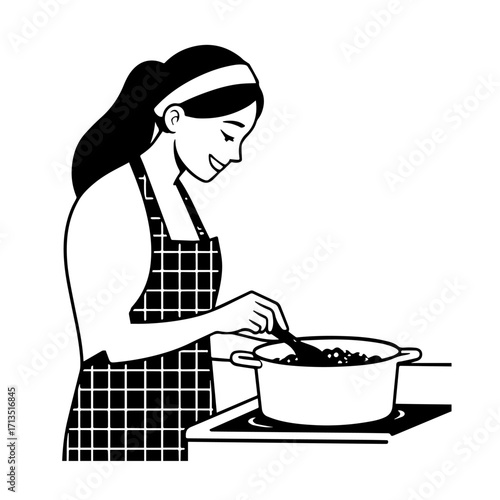 Black and White Vector Illustration of a Smiling Woman Cooking in Kitchen with Apron and Headband
