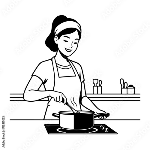 Black and White Vector Illustration of a Smiling Woman Cooking in Kitchen with Apron and Headband
