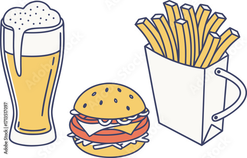 Vector flat illustration food and drink set beer burger fries