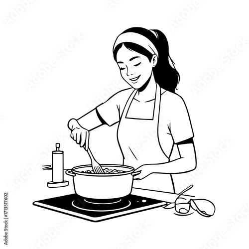 Black and White Vector Illustration of a Smiling Woman Cooking in Kitchen with Apron and Headband

