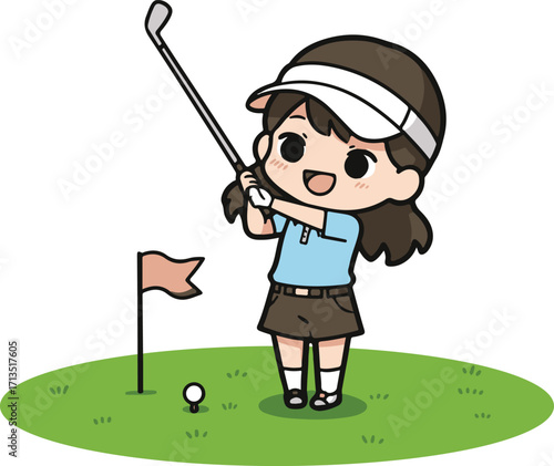 Cute chibi girl golfer in sporty outfit swinging happily. National Golf Day