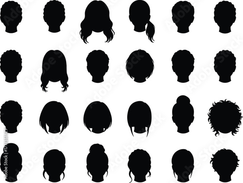 Black hairstyle silhouettes collection for vector illustration, female hair design set, beauty salon graphic elements, fashion style outline, women haircut shapes, trendy