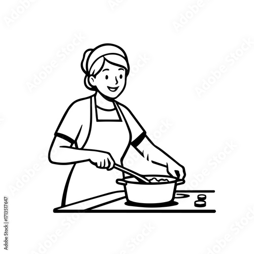 Black and White Vector Illustration of a Smiling Woman Cooking in Kitchen with Apron and Headband
