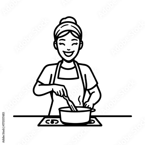 Black and White Vector Illustration of a Smiling Woman Cooking in Kitchen with Apron and Headband
