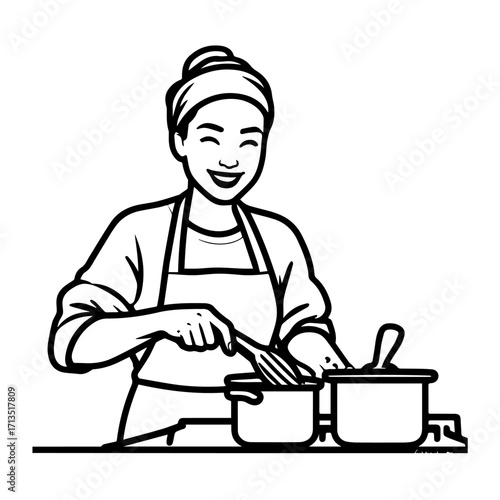 Black and White Vector Illustration of a Smiling Woman Cooking in Kitchen with Apron and Headband

