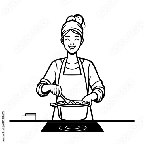 Black and White Vector Illustration of a Smiling Woman Cooking in Kitchen with Apron and Headband
