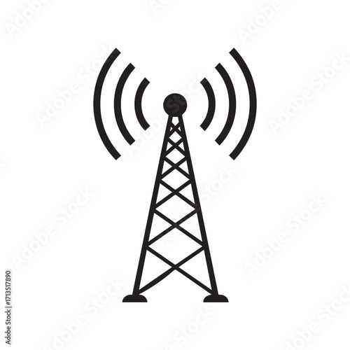 Black and white communication tower signal waves illustration isolated on white background