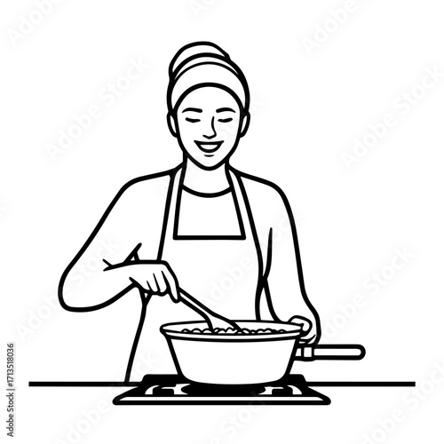 Black and White Vector Illustration of a Smiling Woman Cooking in Kitchen with Apron and Headband
