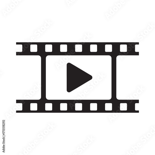 Black and white film strip icon with play button isolated on white background