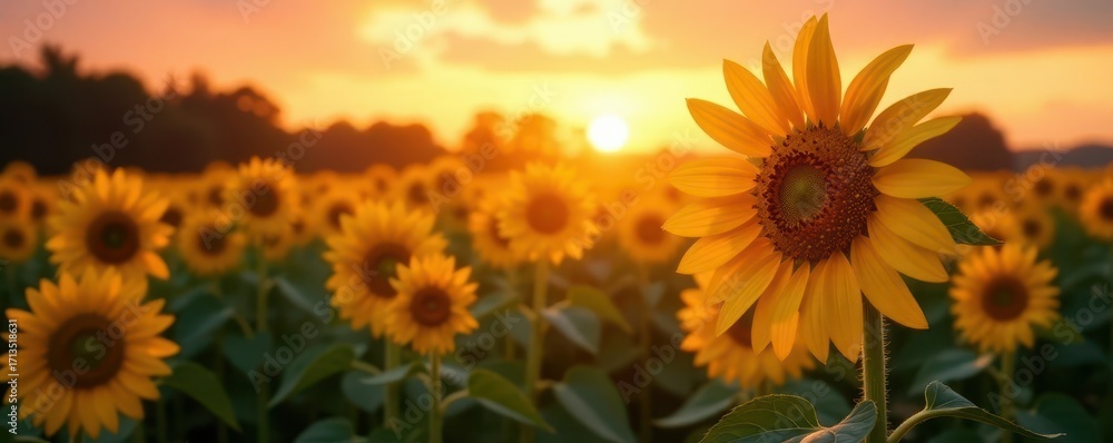 Obraz premium Sun-kissed sunflowers bathed in twilight's embrace , botany, plant