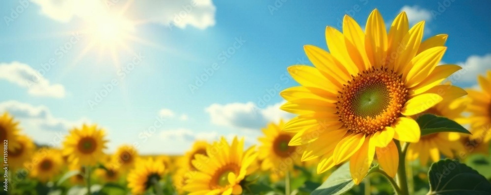 Obraz premium Vibrant sunflowers, bright yellow petals, sunny sky background, seeds, yellow, image
