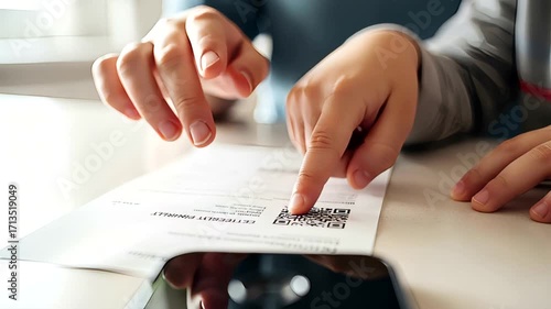 Scanning a QR code with a finger pointing for secure mobile banking transfers