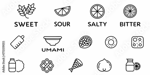 Line art icons representing different tastes including sweet sour salty bitter umami and other food elements