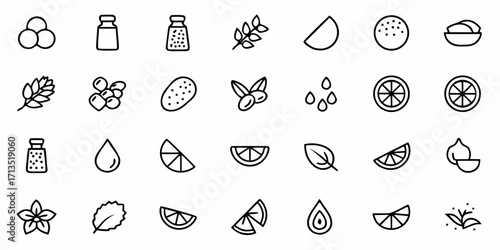 Collection of twenty four different food and plant icons in outline style arranged in a grid pattern