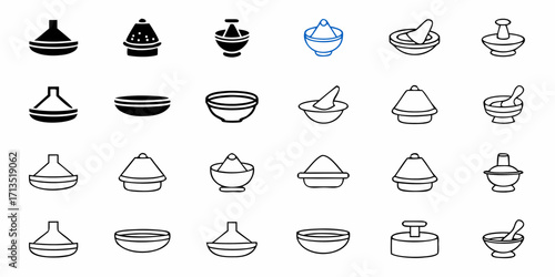 Collection of twenty four bowls and mortar pestles with different designs in black and blue outline