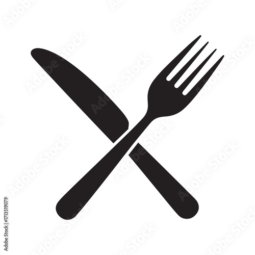 Black and white crossed knife and fork illustration isolated on white background