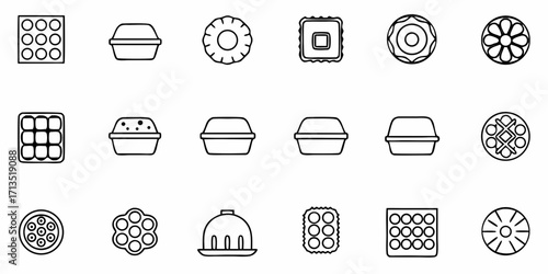 Collection of outline icons featuring containers and circular designs arranged in a grid pattern