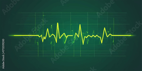 A vibrant green heartbeat wave on a medical monitor illustrates the EKG pulse rate for cardiology health