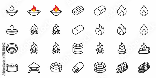 Illustration of various fire related icons including flames wood and fire pits in a simple outline style