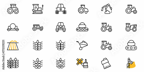 Collection of farming equipment and crops icons including tractors and wheat illustration set design