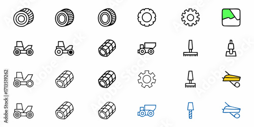 Depiction of agricultural and industrial equipment including tractors and gears arranged in rows