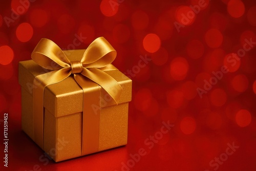 Wallpaper Mural A Shiny Golden Gift Box with Ribbon on a Red Bokeh Background for Celebration and Holiday Themes Torontodigital.ca