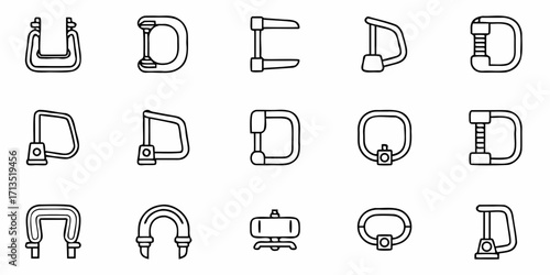Outlined illustrations showing various types of clamps and a small portable gas burner design isolated