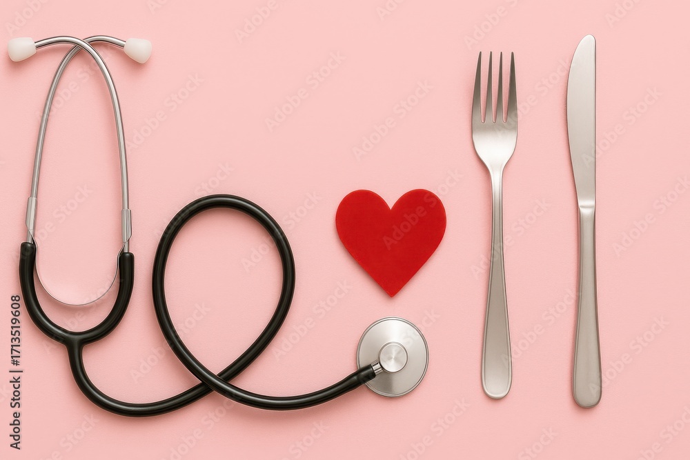 Fototapeta premium Stethoscope, fork, knife, and red heart symbol representing healthcare, nutrition, wellness, and love for healthy lifestyle choices on pink background