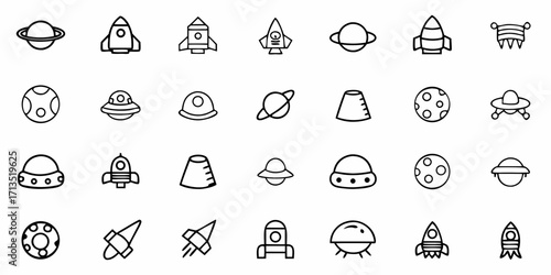 Collection of various space themed doodle icons including planets rockets and ufos in a simple line art style