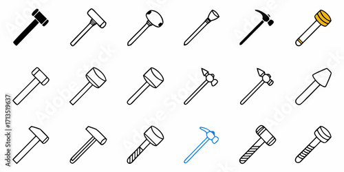 Illustration showing a collection of different hammers and mallets with various head shapes and handle styles