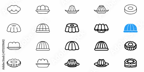 A collection of various dessert molds and puddings including one blue pudding and several outline drawings