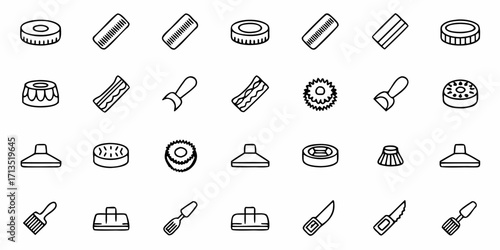 Collection of kitchen tools and food items displayed in a grid pattern with a minimalist line art style