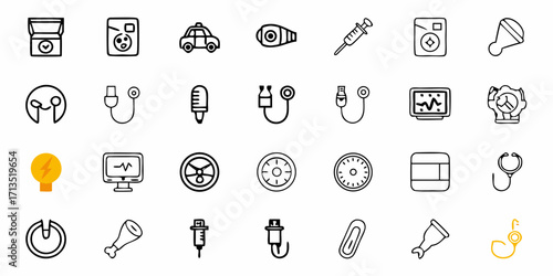 Collection of various icons including medical, technology, and everyday objects in a doodle style