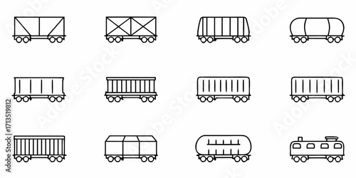 Collection of twelve train car icons featuring various designs and structures in a simple outline style