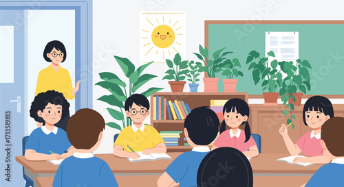 Adobe illustrator artwork vector illustration. A female teacher instructs diverse elementary school students in a bright classroom, featuring educational posters and active learning.