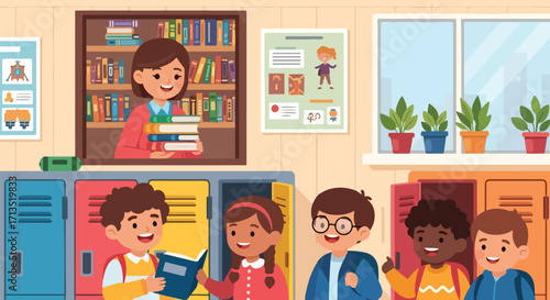 Adobe illustrator artwork vector illustration. A female teacher instructs diverse elementary school students in a bright classroom, featuring educational posters and active learning.