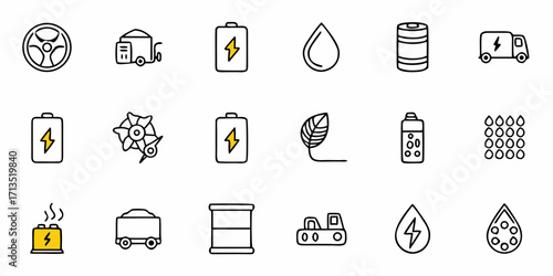 Collection of energy and industry related icons including batteries, water drops, and vehicles displayed