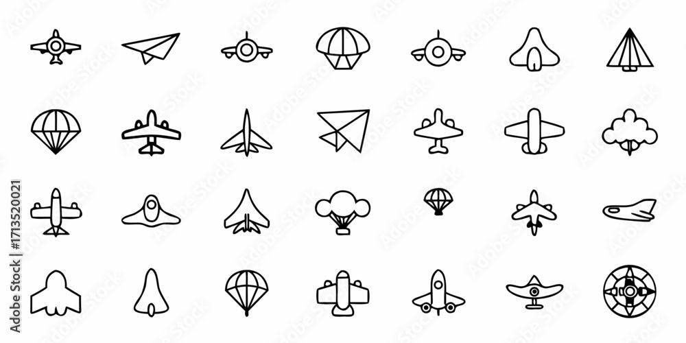 Naklejka premium Collection of various outlined aviation icons depicting different planes and parachutes in a seamless design