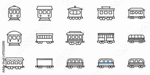 Collection of fifteen train car outlines in a variety of styles and shapes on a white background image