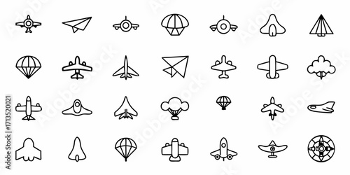 Collection of various outlined aviation icons depicting different planes and parachutes in a seamless design