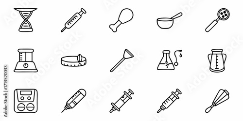 Line art illustration featuring various household items and scientific equipment in a simple design style