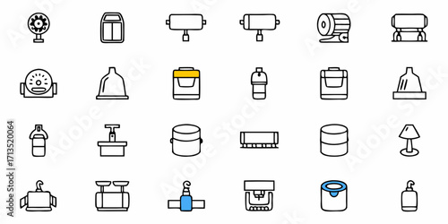 Collection of various industrial and household objects depicted as simple line art icons on white background