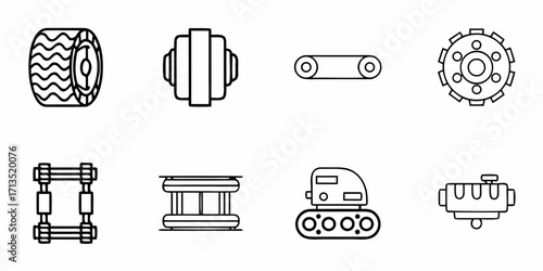 Linear representation of tires, rollers, conveyor belt, and engine components in a row on a white background