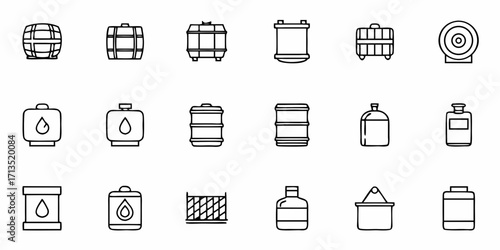 Line art illustration of various barrels tanks and containers in a grid arrangement on white background