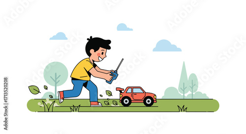 Adobe illustrator artwork vector illustration. A joyful boy runs across a grassy field, actively controlling a red remote-control car with a transmitter. Outdoor playtime, vector art
