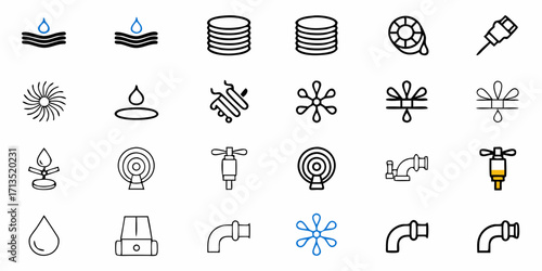 Illustration of various irrigation and plumbing related icons in black and blue colors on white background