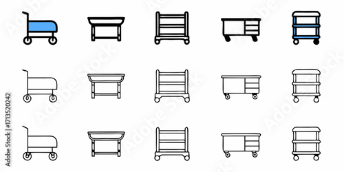 Depicting various styles of carts and trolleys with wheels in a simple line drawing format shown in rows