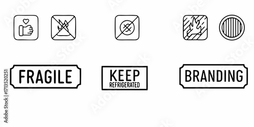 Collection of packaging symbols and labels including fragile keep refrigerated and branding information signs