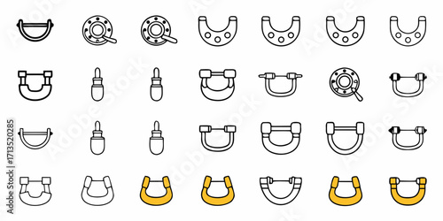 Illustration of various horseshoe shapes and dropper tools arranged in a grid pattern design layout