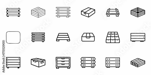 Collection of various wooden crates pallets and boxes in black outline style on a white background vector set